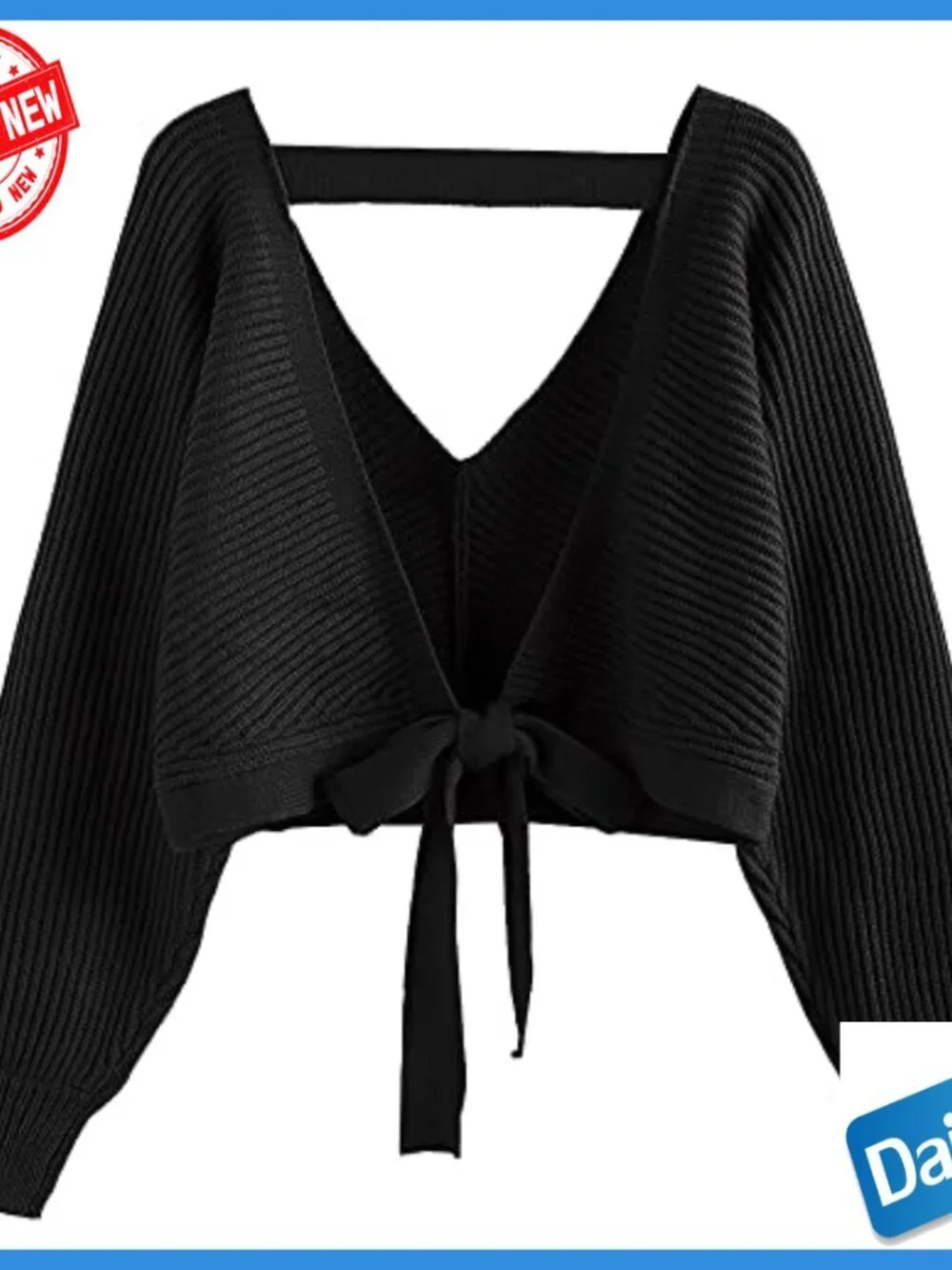 Cropped Ribbed Sweater V-Neck Backless Tie Loose Fit Batwing Sleeve